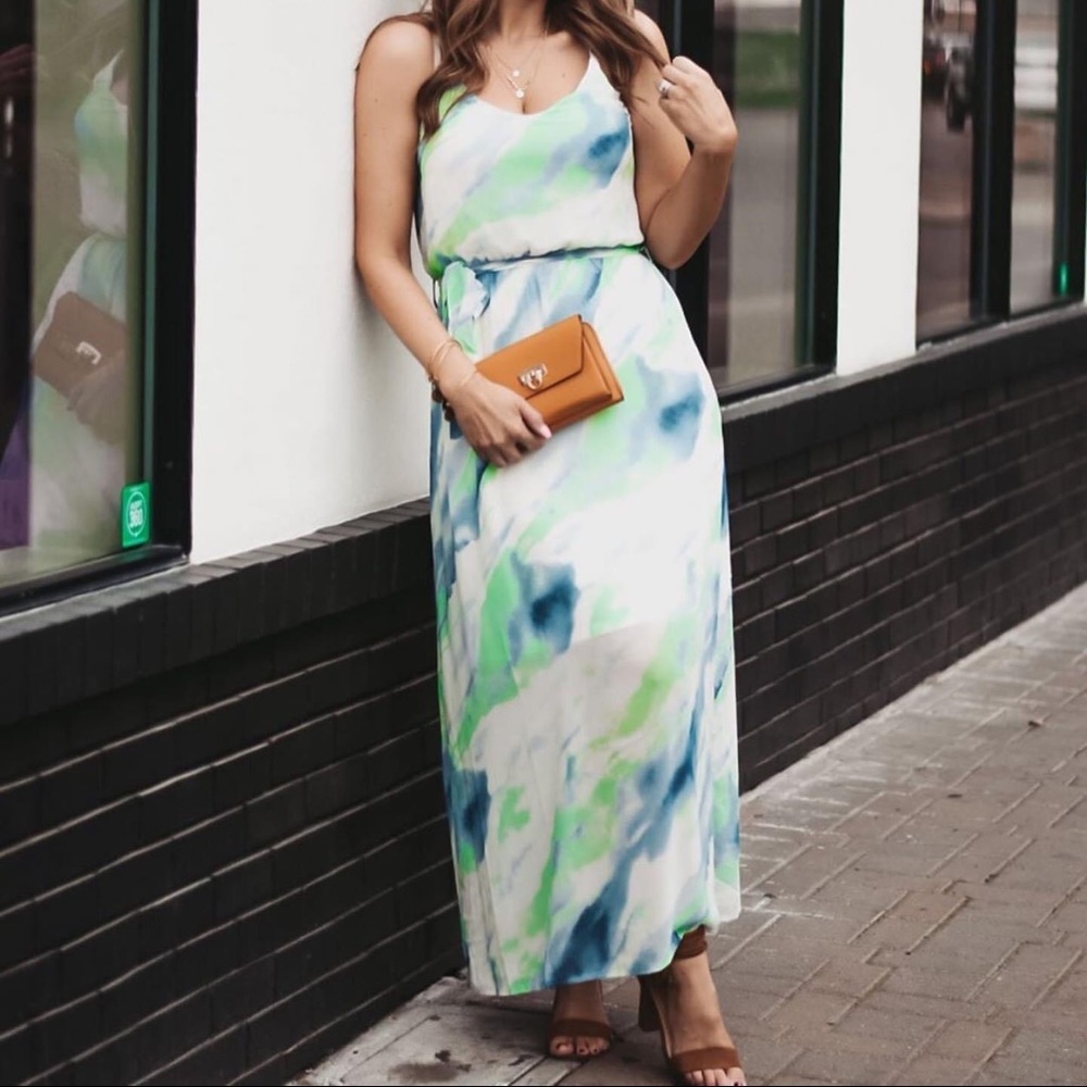 Blue and green watercolor marbled Spring Maxi